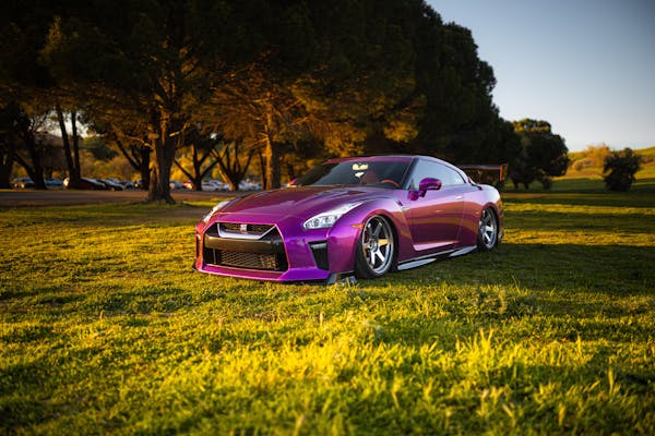 A purple nissan sports car parked in a field