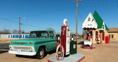 Green Single-cab Pickup Truck Beside a Gas Pump Station