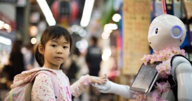 photo of girl laying left hand on white digital robot